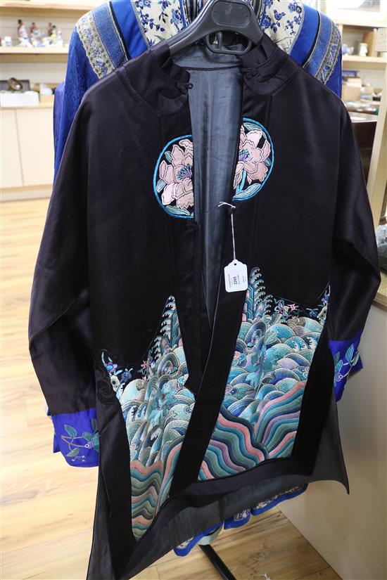 A 1920-30s black silk multi-coloured embroidered robe